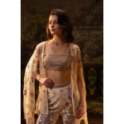 Muskan Aggarwal Womens Net Embroidered Cream Crop Top with Cape and Pant
