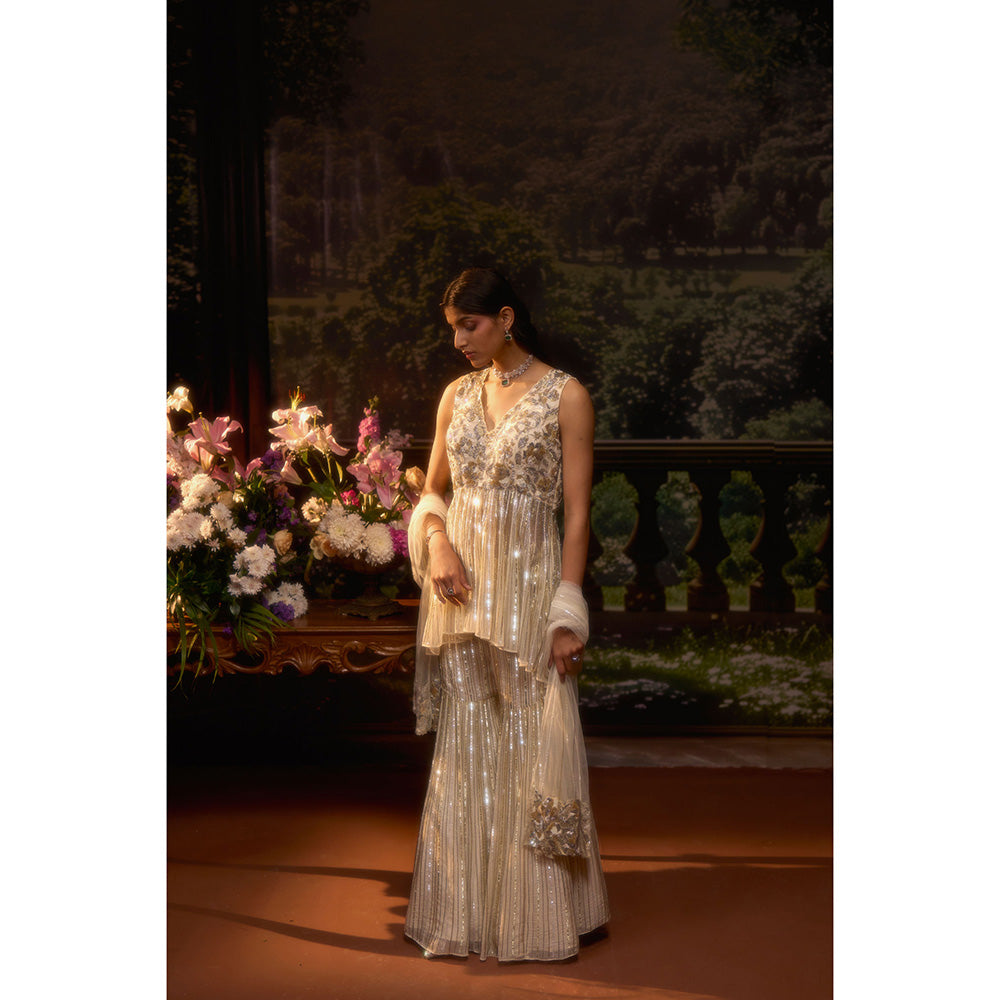 Muskan Aggarwal Womens Organza Sequined Ivory Co-Ord Set