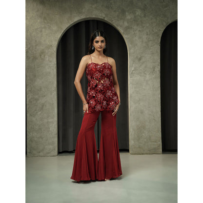 Muskan Aggarwal Womens Georgette Mirror Work Maroon Top with Sharara