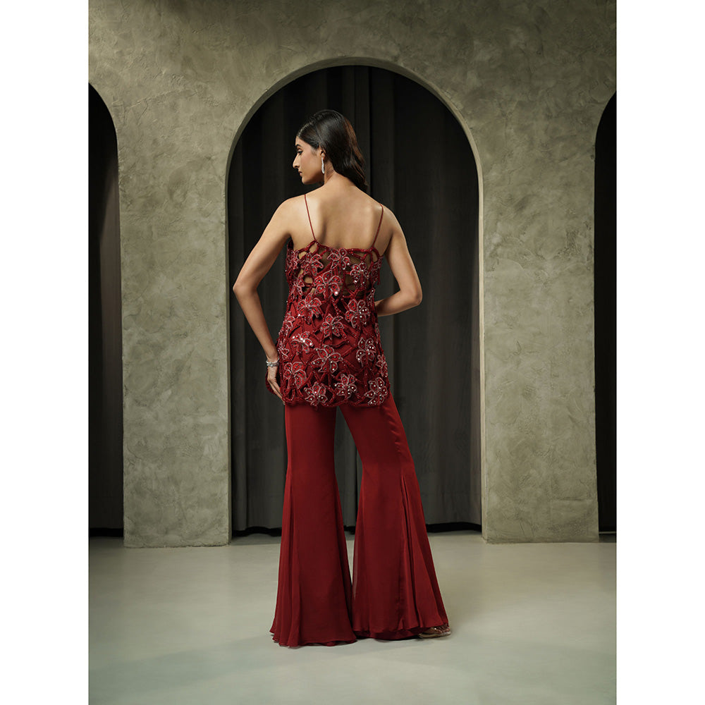 Muskan Aggarwal Womens Georgette Mirror Work Maroon Top with Sharara