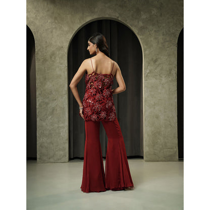 Muskan Aggarwal Womens Georgette Mirror Work Maroon Top with Sharara