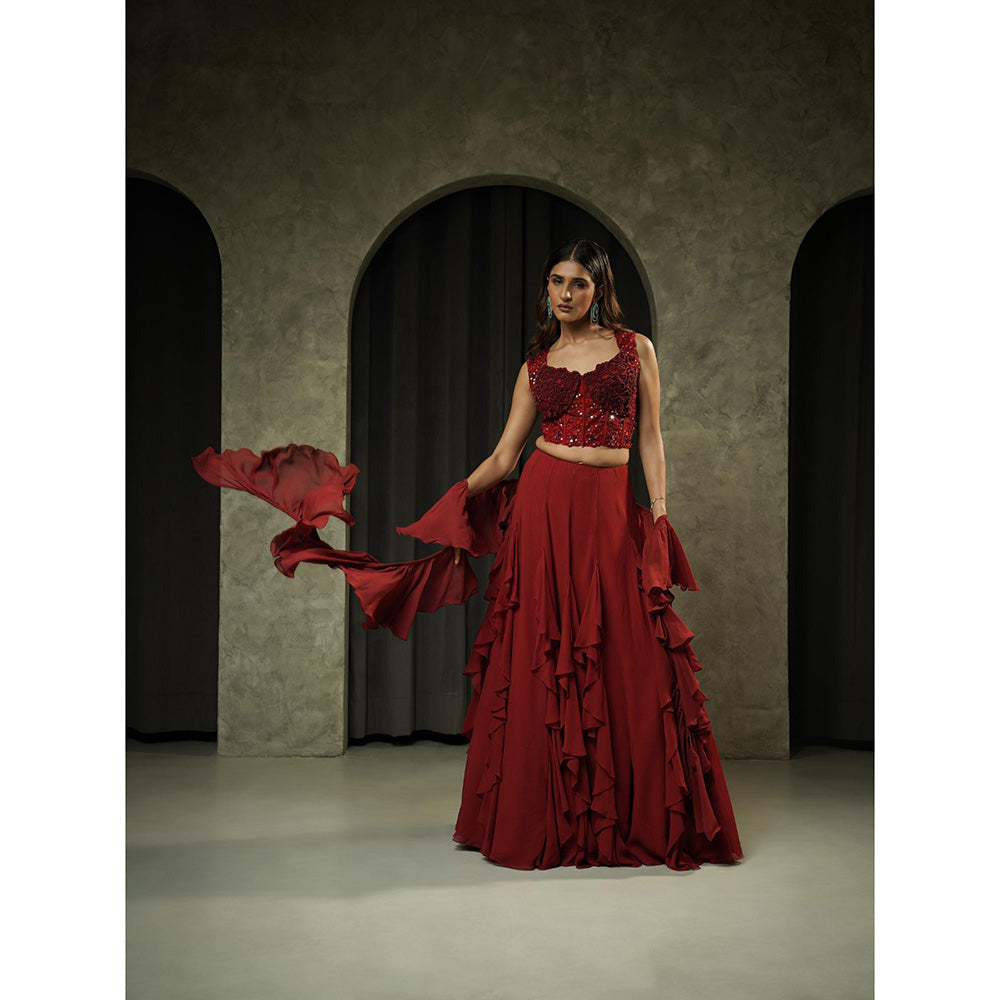 Muskan Aggarwal Red Corset Blouse with Ruffle Lehenga and Dupatta
