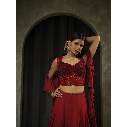 Muskan Aggarwal Red Corset Blouse with Ruffle Lehenga and Dupatta