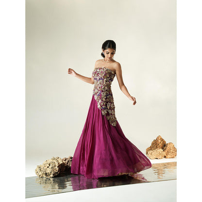 Muskan Aggarwal Purple Asymmetric Tube Top with Flared Lehenga