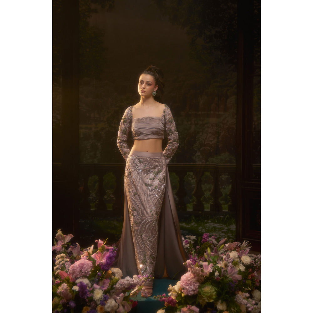 Muskan Aggarwal Women Satin Taupe Crop Top with Skirt and Trail
