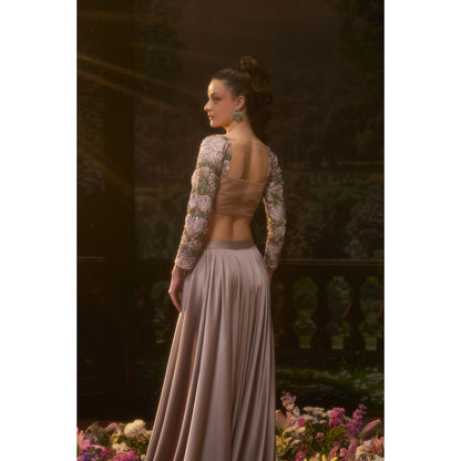 Muskan Aggarwal Women Satin Taupe Crop Top with Skirt and Trail
