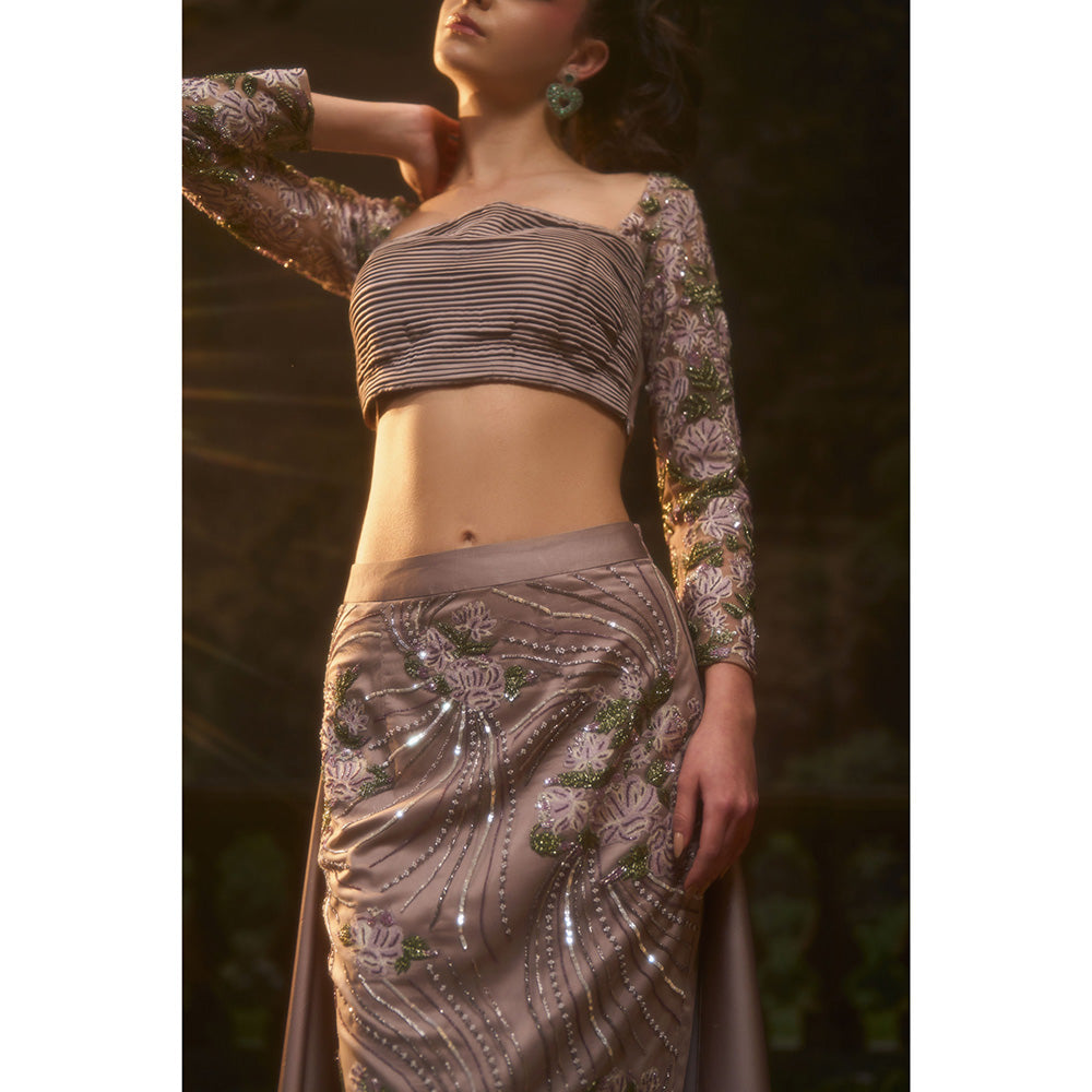 Muskan Aggarwal Women Satin Taupe Crop Top with Skirt and Trail