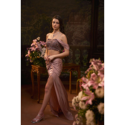 Muskan Aggarwal Women Satin Pink Crop Top with Skirt