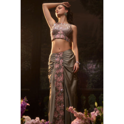 Muskan Aggarwal Women Satin Green Crop Top with Skirt
