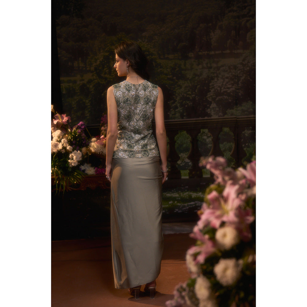 Muskan Aggarwal Women Satin Green Jacket Drape with Skirt