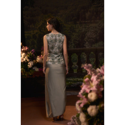 Muskan Aggarwal Women Satin Green Jacket Drape with Skirt