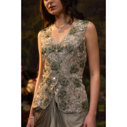Muskan Aggarwal Women Satin Green Jacket Drape with Skirt