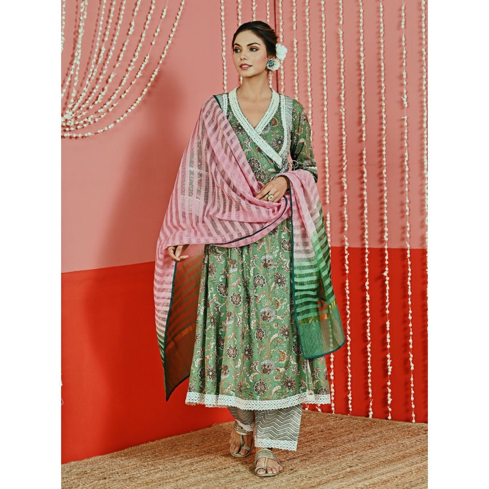 Myaara Green Printed Cotton Ethnic Angarkha Kurta And Pant With Ombre Dupatta (Set of 3)