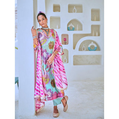 Myaara Aqua Blue Floral Embellished Tissue Kurta with Pant Leheriya Dupatta (Set of 4)