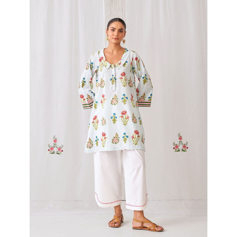 Myaara Blue Floral Collared Kurta Paired with Curved Hem White Palazzo (Set of 2)