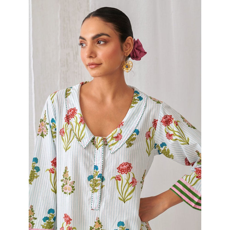 Myaara Blue Floral Collared Kurta Paired with Curved Hem White Palazzo (Set of 2)
