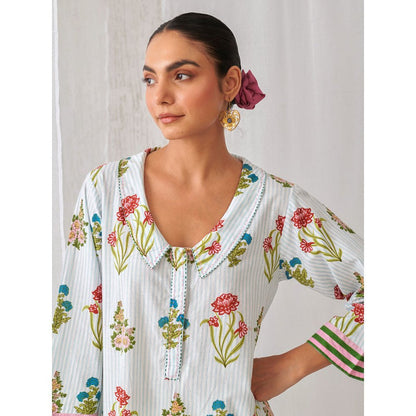 Myaara Blue Floral Collared Kurta Paired with Curved Hem White Palazzo (Set of 2)