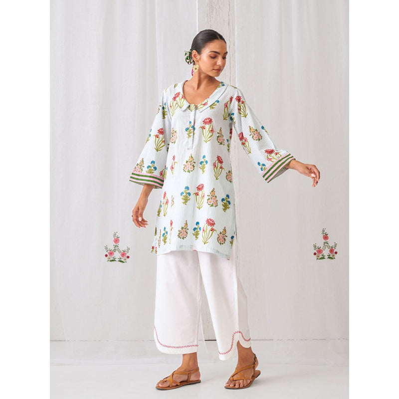 Myaara Blue Floral Collared Kurta Paired with Curved Hem White Palazzo (Set of 2)