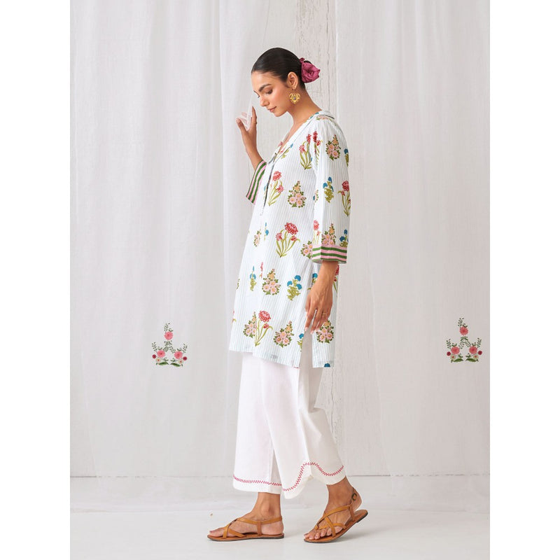 Myaara Blue Floral Collared Kurta Paired with Curved Hem White Palazzo (Set of 2)