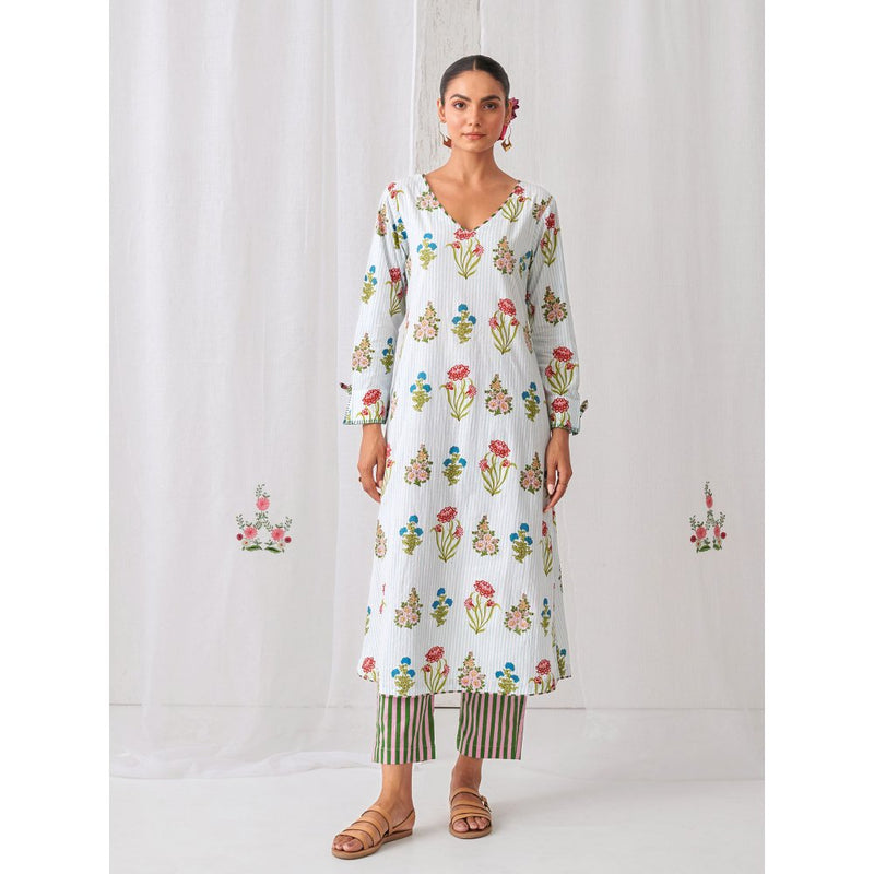 Myaara Blue Floral V Neck Long Kurta Paired With Striped Matching Pant (Set of 2)