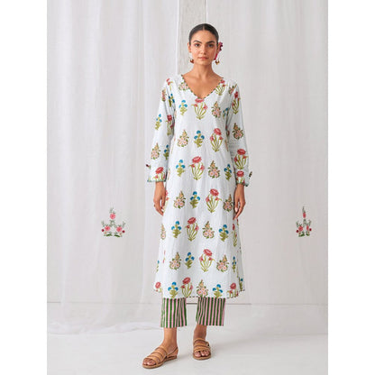 Myaara Blue Floral V Neck Long Kurta Paired With Striped Matching Pant (Set of 2)
