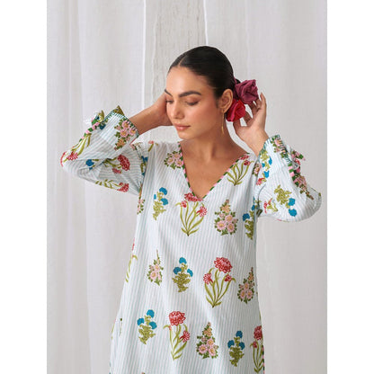 Myaara Blue Floral V Neck Long Kurta Paired With Striped Matching Pant (Set of 2)