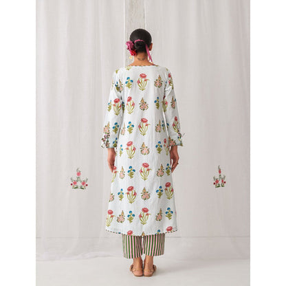 Myaara Blue Floral V Neck Long Kurta Paired With Striped Matching Pant (Set of 2)