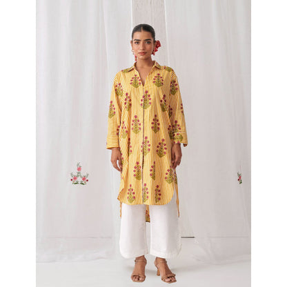 Myaara Yellow Floral Shirt Style Kurta Paired With Curved Hem White Palazzo (Set of 2)