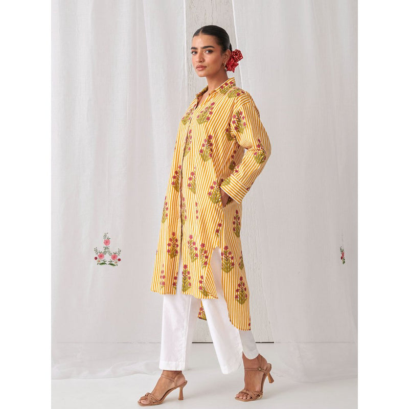 Myaara Yellow Floral Shirt Style Kurta Paired With Curved Hem White Palazzo (Set of 2)