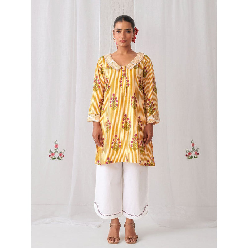Myaara Yellow Floral Collared Kurta Paired With Curved Hem White Palazzo (Set of 2)