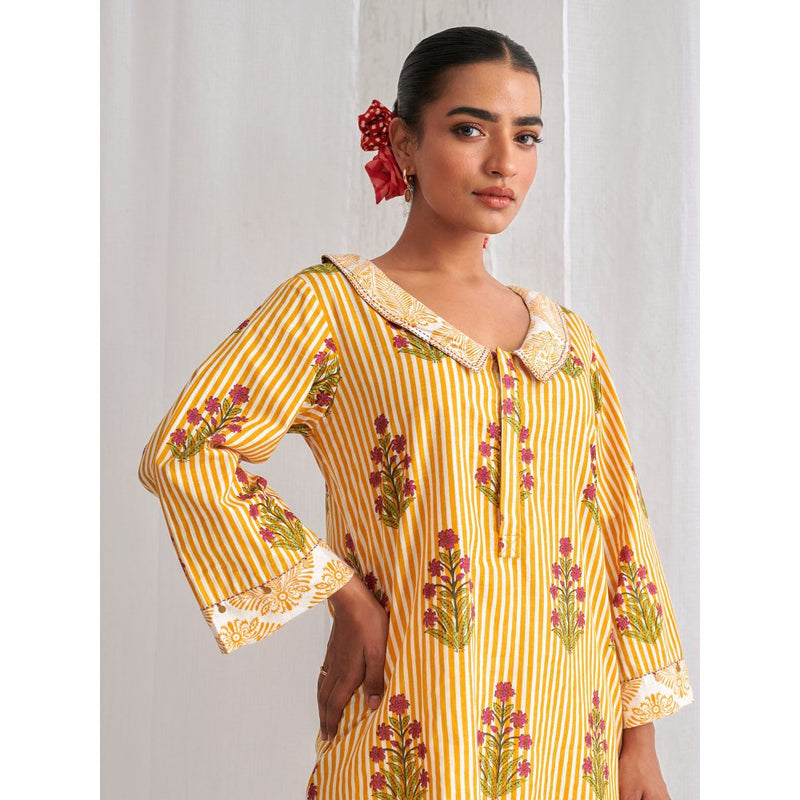 Myaara Yellow Floral Collared Kurta Paired With Curved Hem White Palazzo (Set of 2)