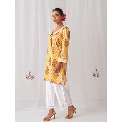Myaara Yellow Floral Collared Kurta Paired With Curved Hem White Palazzo (Set of 2)