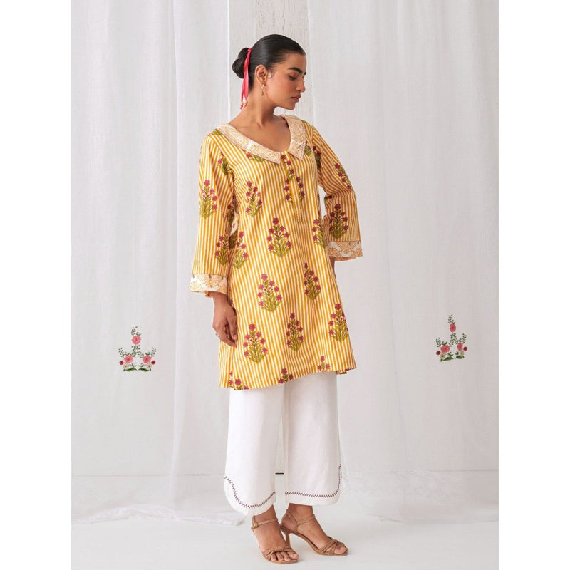 Myaara Yellow Floral Collared Kurta Paired With Curved Hem White Palazzo (Set of 2)