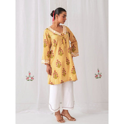 Myaara Yellow Floral Collared Kurta Paired With Curved Hem White Palazzo (Set of 2)