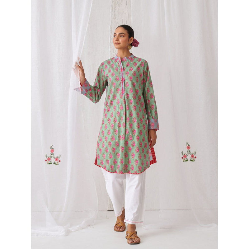 Myaara Mint Green Floral Kurta With Paired With White Straight Pant (Set of 2)