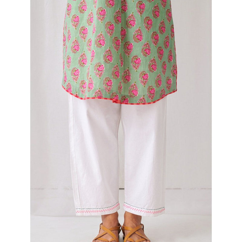 Myaara Mint Green Floral Kurta With Paired With White Straight Pant (Set of 2)