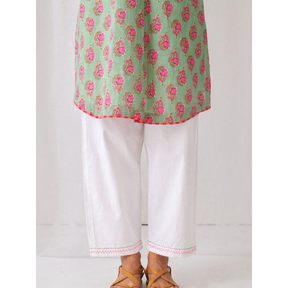 Myaara Mint Green Floral Kurta With Paired With White Straight Pant (Set of 2)