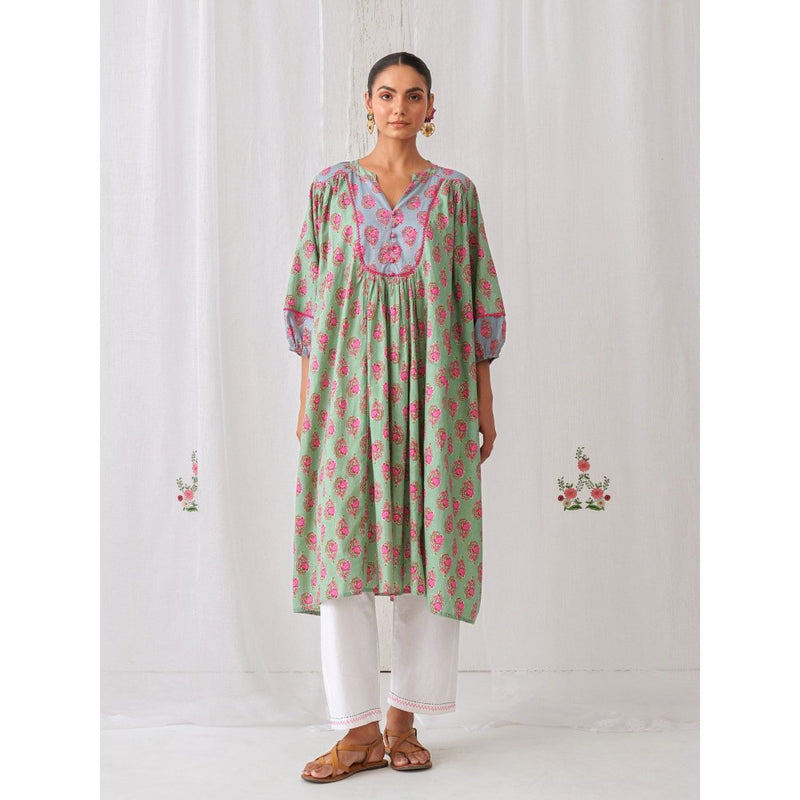 Myaara Mint Green Floral Gathered Kurta Paired With White Straight Pant (Set of 2)