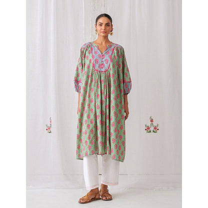 Myaara Mint Green Floral Gathered Kurta Paired With White Straight Pant (Set of 2)