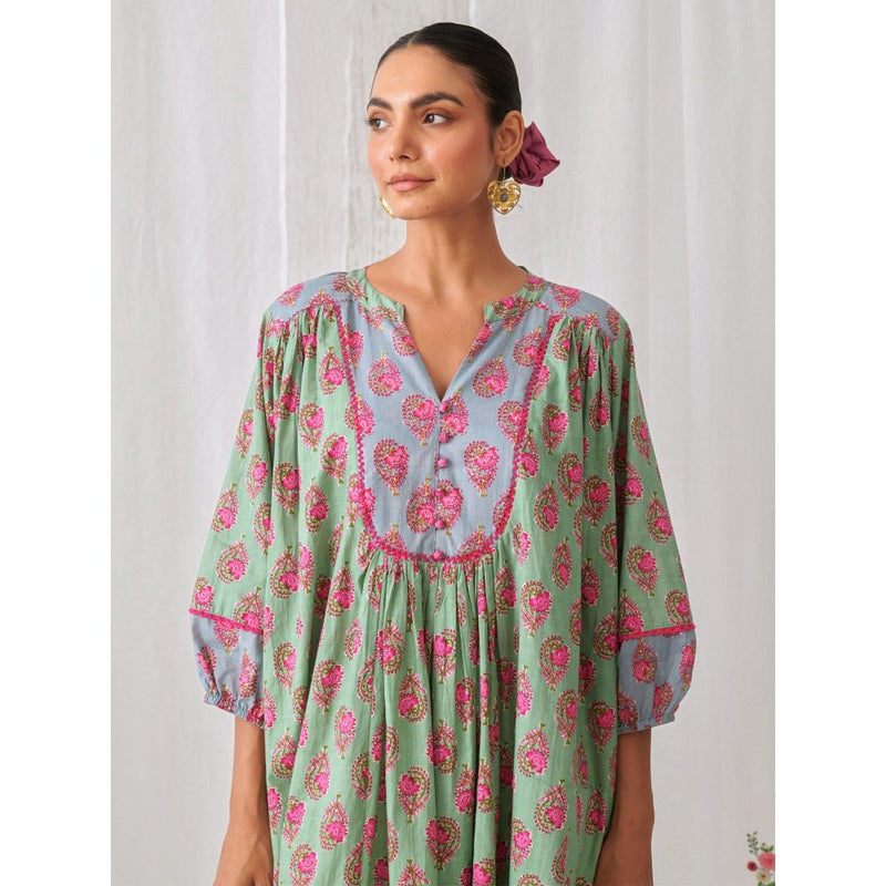 Myaara Mint Green Floral Gathered Kurta Paired With White Straight Pant (Set of 2)