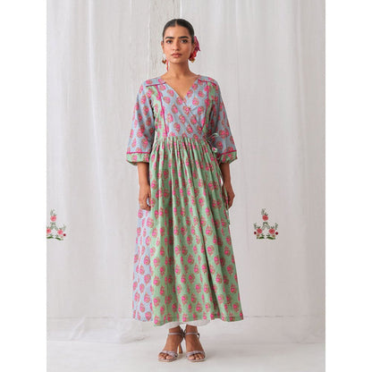 Myaara Mint Green & Blue Floral Angrakha Kurta Paired With Straight White Pant (Set of 2)