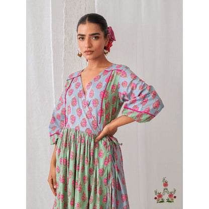 Myaara Mint Green & Blue Floral Angrakha Kurta Paired With Straight White Pant (Set of 2)