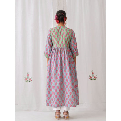 Myaara Mint Green & Blue Floral Angrakha Kurta Paired With Straight White Pant (Set of 2)