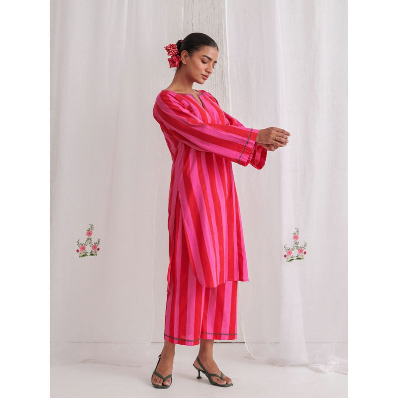 Myaara Pink & Red Stripes Phiran Kurta Paired With Matching Palazzo (Set of 2)