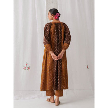 Myaara Brown & Olive Floral A Line Kurta Paired With Matching Pant (Set of 2)