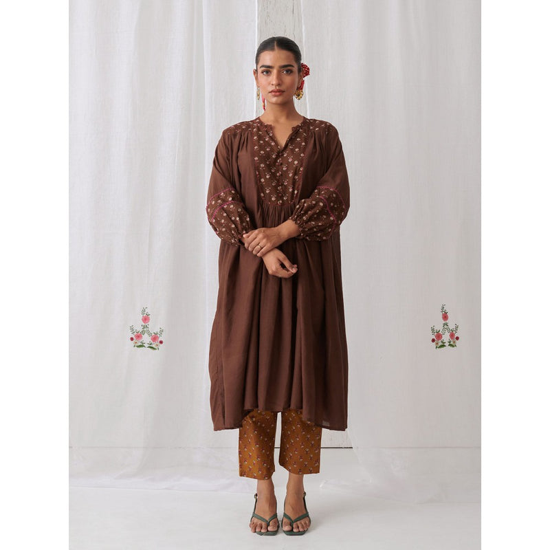 Myaara Brown Floral Gathered Kurta Paired With Matching Pant (Set of 2)