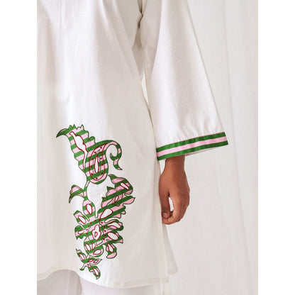 Myaara White Kurta With Embroidery Paired With Matching Palazzo (Set of 2)