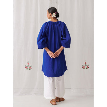 Myaara Royal Blue Gathered Kurta Paired With Curved Hem White Palazzo (Set of 2)