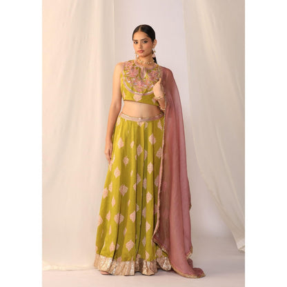 Myoho Hand Embroidery Block Printed Lehenga with Choli & Dupatta (Set of 3)