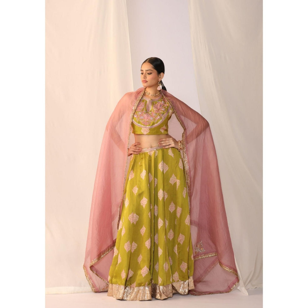 Myoho Hand Embroidery Block Printed Lehenga with Choli & Dupatta (Set of 3)
